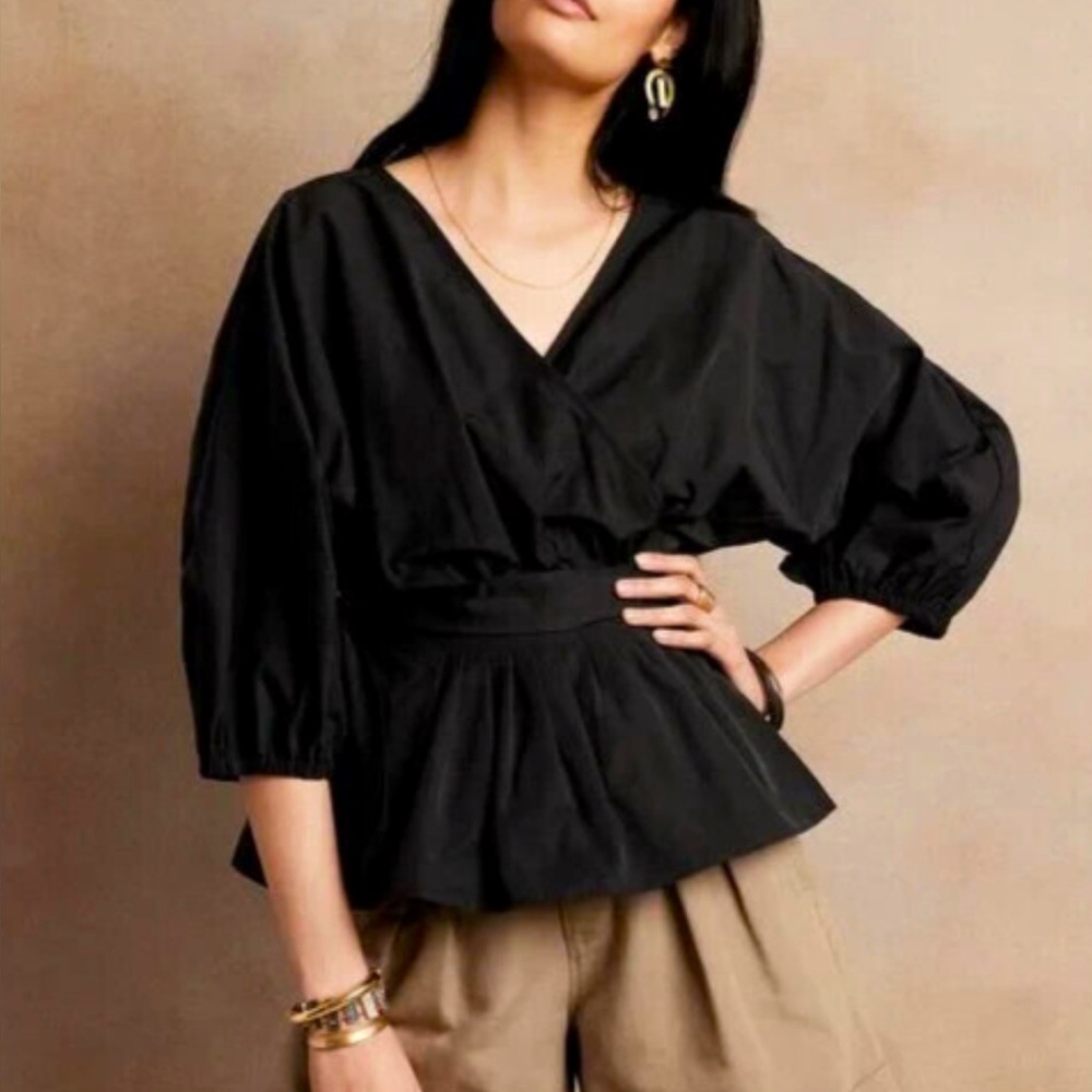 Banana Republic Black Balloon Sleeve Wrap Blouse
